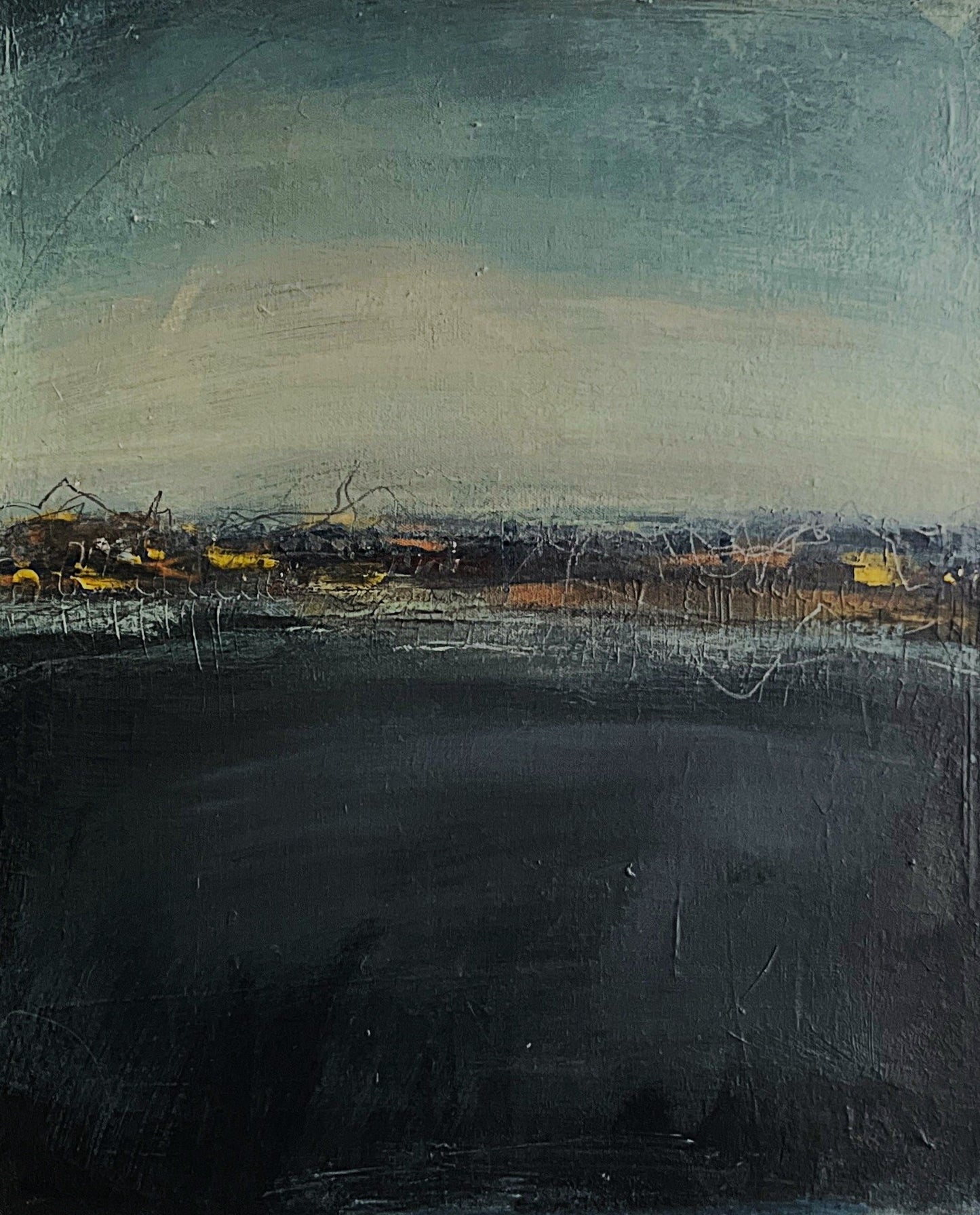 dark, deep blue, black, texture, sky, water, yellow, moody, depth
20x24"